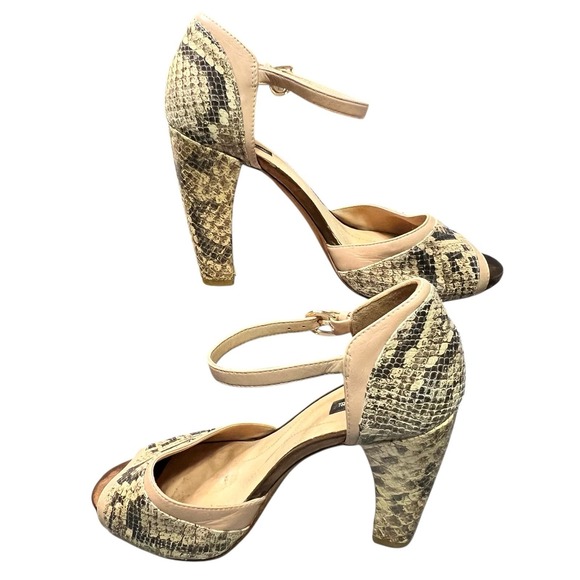 Massimo Dutti Snake Print Sandals 38 Ankle Strap Block Heel Peep Toe 4.25" Heel - Picture 6 of 12